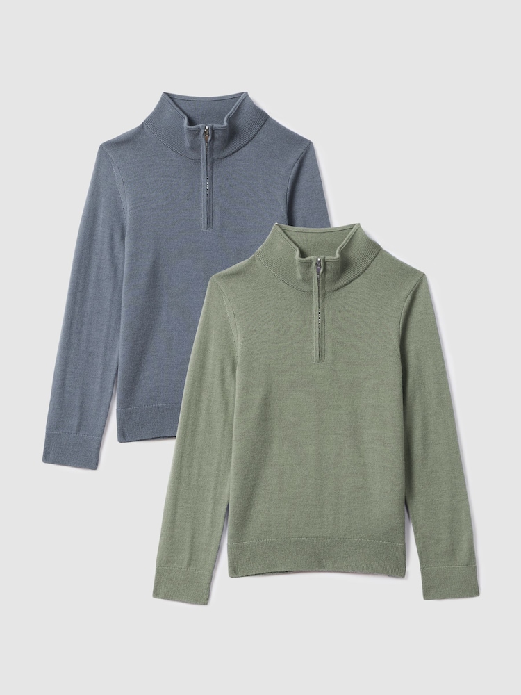 Reiss Nickel Blue/Kale Blackhall 2 Pack Teen Two Pack Of Merino Wool Zip-Neck Jumpers - Image 1 of 9