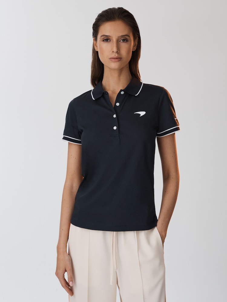 Reiss x McLaren F1 Team Navy Crypto McLaren F1 Mercerised Cotton Polo Shirt - Image 1 of 9 Reiss x McLaren F1 Team Navy Crypto McLaren F1 Mercerised Cotton Polo Shirt - Image 1 of 9
