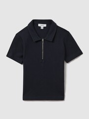 Reiss Navy Felix 3-9 yrs Textured Cotton Half-Zip Polo Shirt - Image 2 of 4