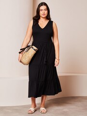 Lipsy Black Curve Jersey Belted V Neck Tiered Maxi Dress - Image 1 of 4