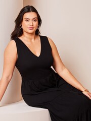 Lipsy Black Curve Jersey Belted V Neck Tiered Maxi Dress - Image 3 of 4
