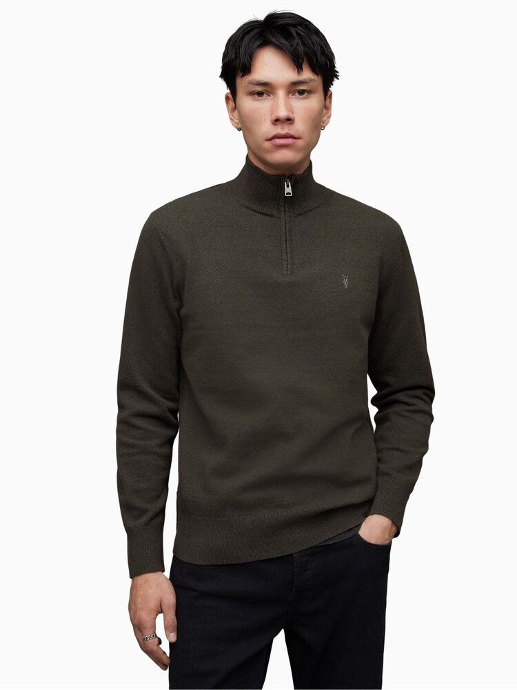 AllSaints Green Kilburn Zip Funnel Neck Sweater - Image 1 of 9 AllSaints Green Kilburn Zip Funnel Neck Sweater - Image 1 of 9