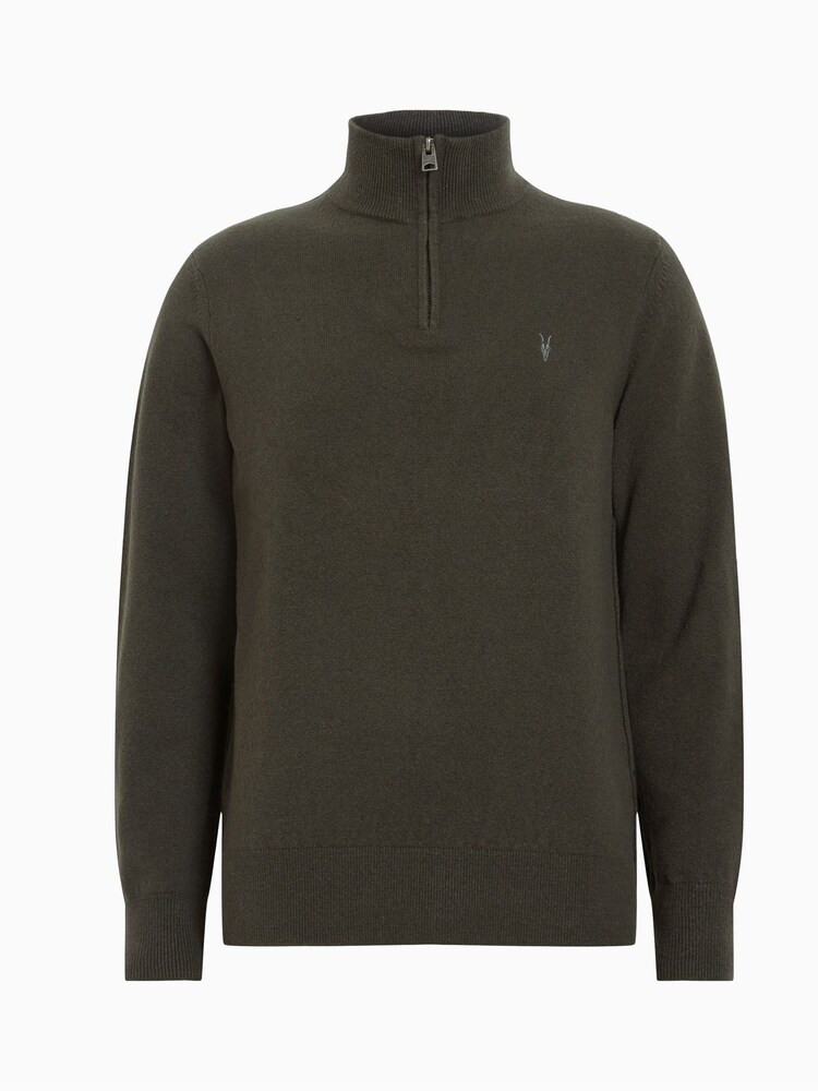 AllSaints Green Kilburn Zip Funnel Neck Sweater - Image 9 of 9