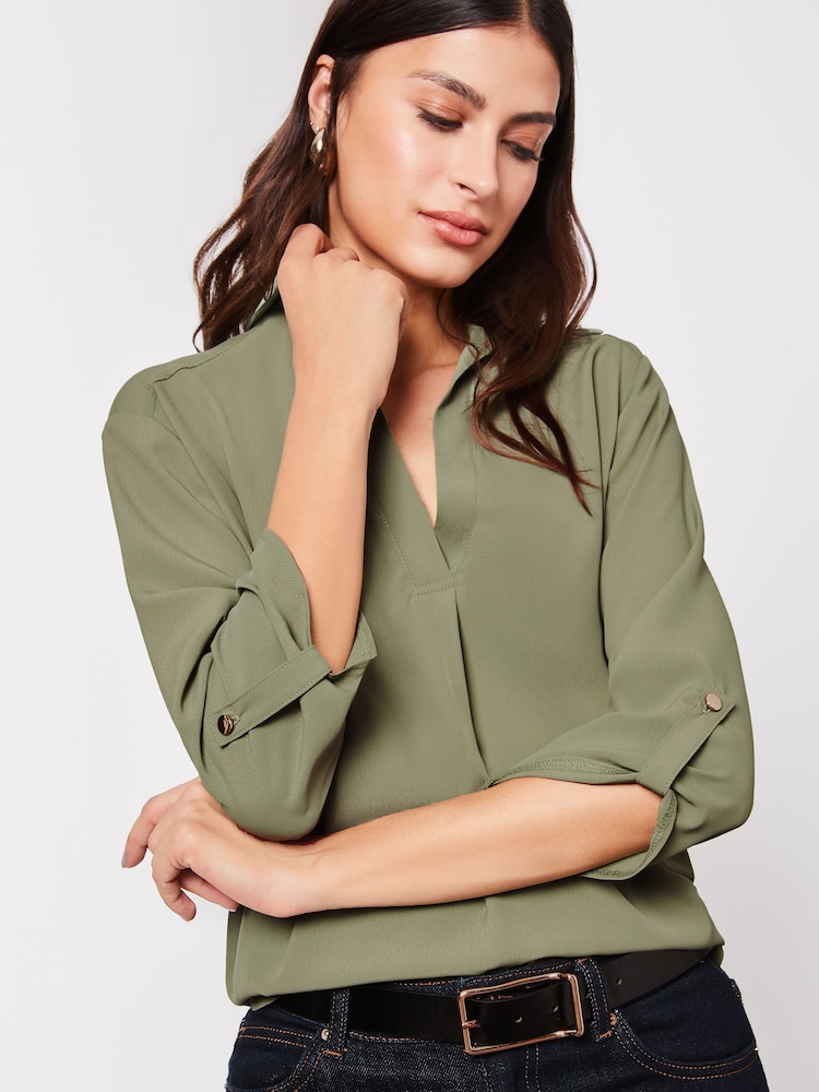 Lipsy Moss Green Petite V Neck 3/4 Sleeve Collared Blouse - Image 1 of 4