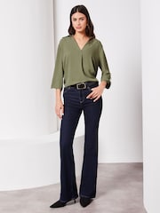 Lipsy Moss Green Petite V Neck 3/4 Sleeve Collared Blouse - Image 3 of 4