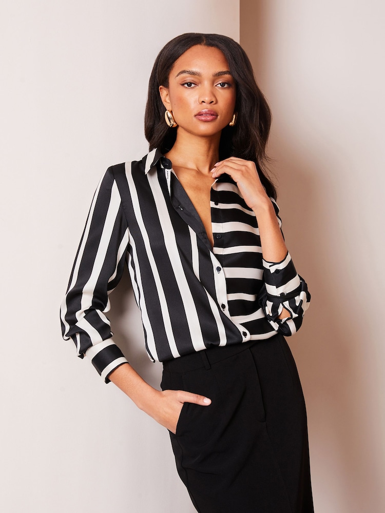 Lipsy Black Printed Satin Button Through Shirt - Image 1 of 4