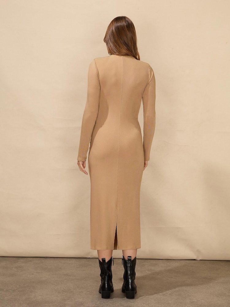 Ro&Zo Rib Jersey Gathered Brown Dress - Image 1 of 5
