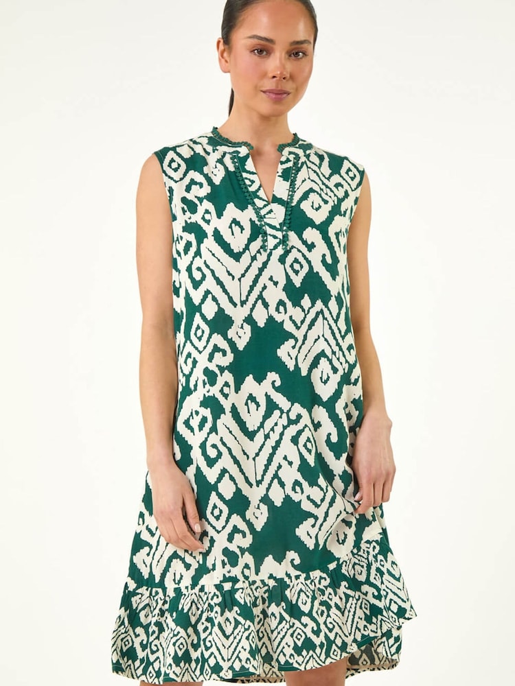 Roman Green Petite Aztec Frill Hem Dress - Image 2 of 5 Roman Green Petite Aztec Frill Hem Dress - Image 2 of 5