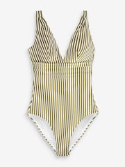 Khaki Green/Ecru Stripe Plunge Shaping Tummy Control Swimsuit - Image 4 of 4