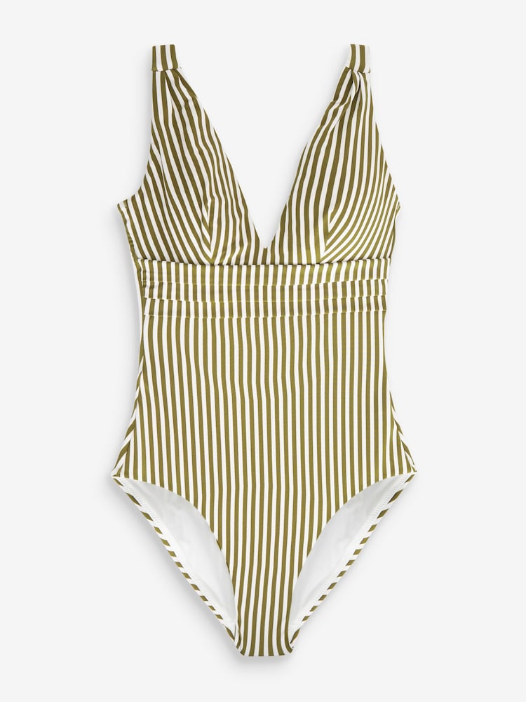 Khaki Green/Ecru Stripe Plunge Shaping Tummy Control Swimsuit - Image 4 of 4