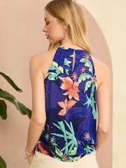 Love & Roses Blue Tropical Lace Trim Halterneck Top - Image 3 of 4