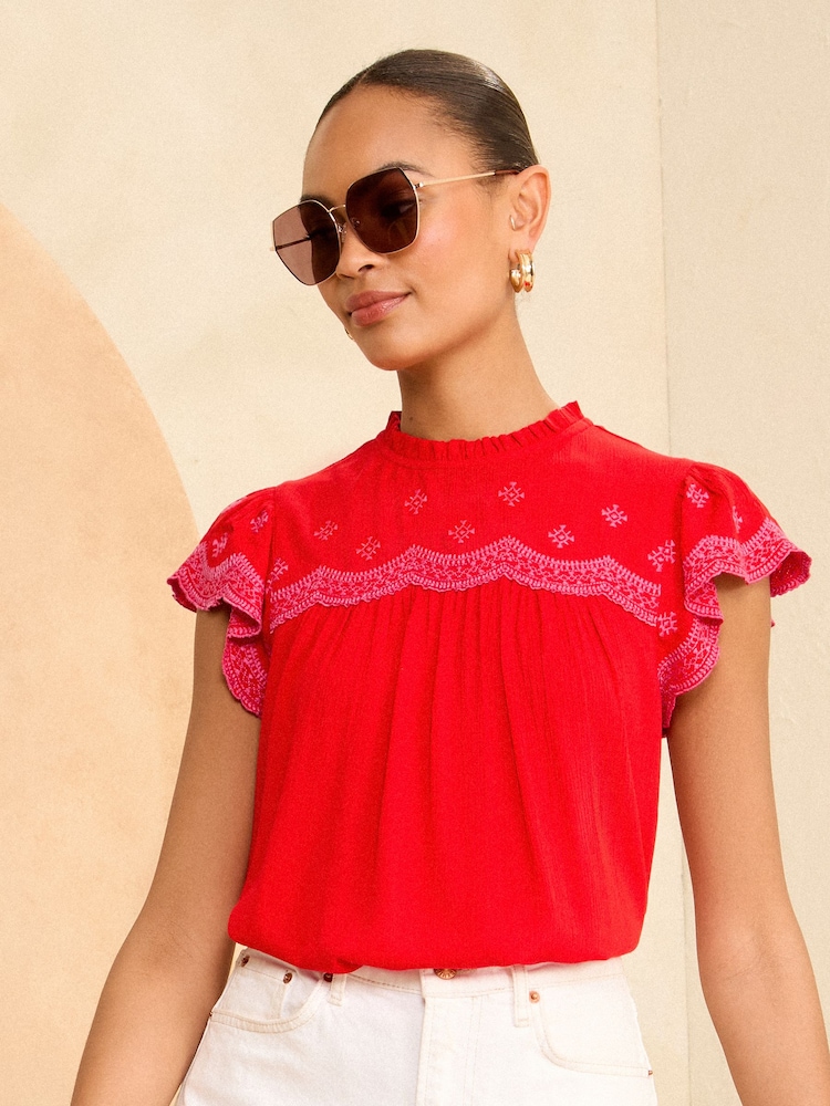 Rdeča in roza vezena - Love & Roses top s širokimi rokavi - Slika 4 iz 4 Rdeča in roza vezena - Love & Roses top s širokimi rokavi - Slika 4 iz 4
