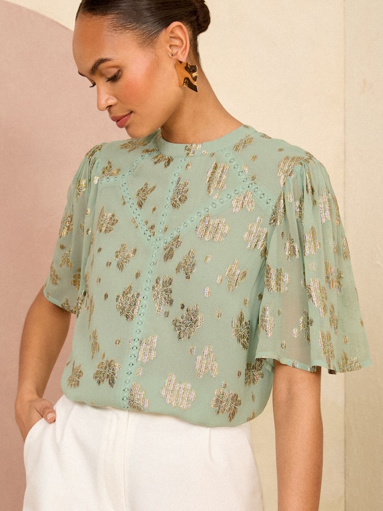 Love & Roses Green Metallic High Neck Flutter Sleeves Top - Image 1 of 4