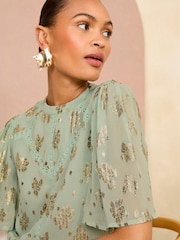 Love & Roses Green Metallic High Neck Flutter Sleeves Top - Image 2 of 4