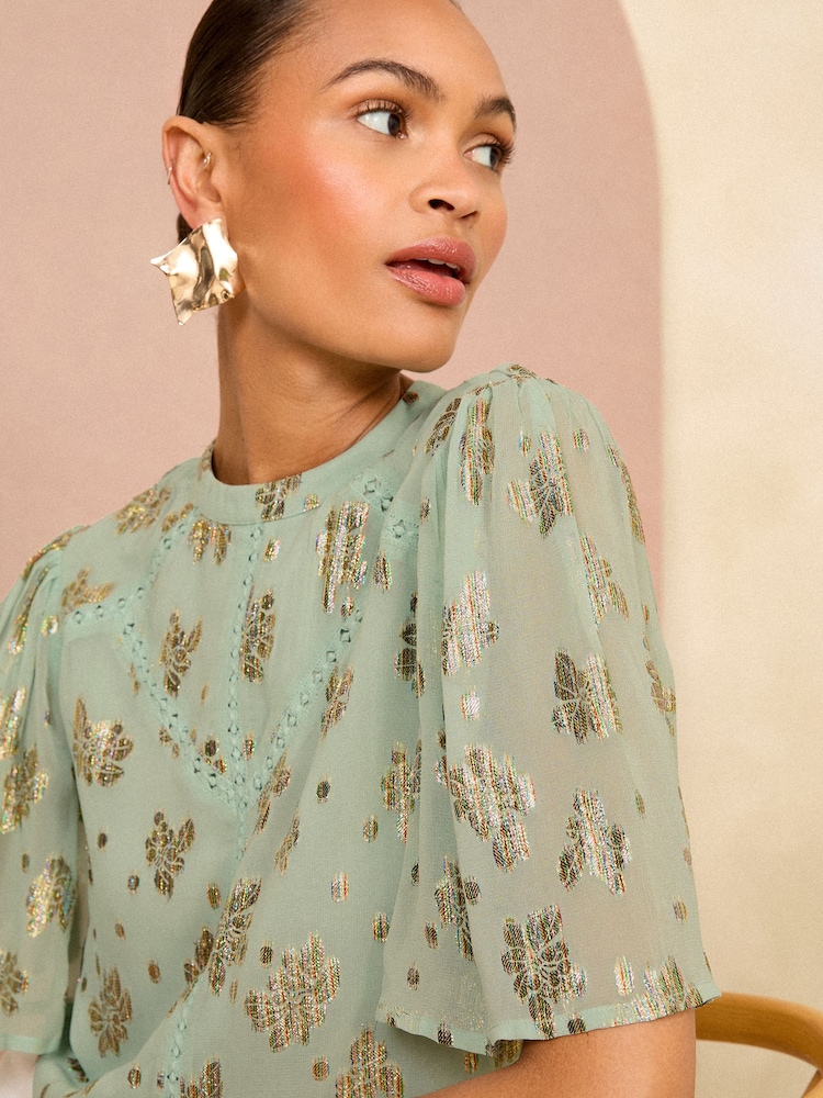 Love & Roses Green Metallic High Neck Flutter Sleeves Top - Image 2 of 4