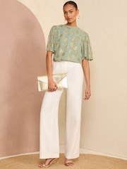 Love & Roses Green Metallic High Neck Flutter Sleeves Top - Image 4 of 4