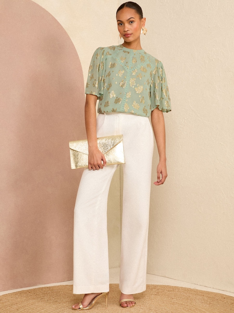 Love & Roses Green Metallic High Neck Flutter Sleeves Top - Image 4 of 4 Love & Roses Green Metallic High Neck Flutter Sleeves Top - Image 4 of 4
