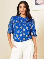 Love & Roses Cobalt Blue Metallic High Neck Flutter Sleeves Top - Image 1 of 4