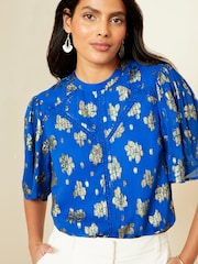 Love & Roses Cobalt Blue Metallic High Neck Flutter Sleeves Top - Image 2 of 4