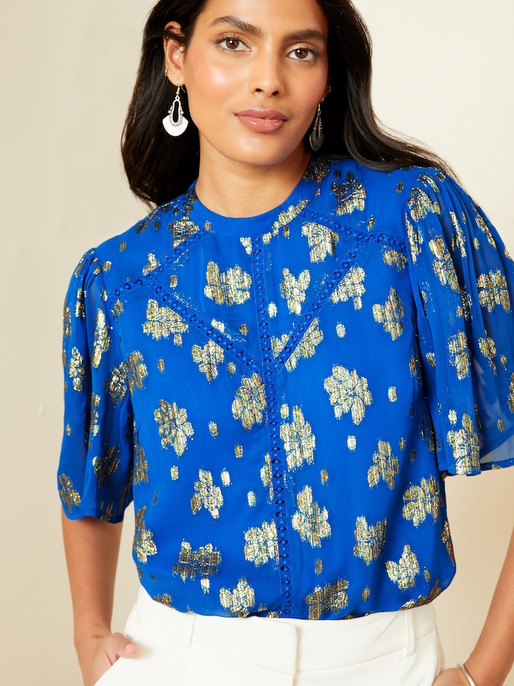 Love & Roses Cobalt Blue Metallic High Neck Flutter Sleeves Top - Image 2 of 4