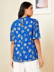 Love & Roses Cobalt Blue Metallic High Neck Flutter Sleeves Top - Image 3 of 4