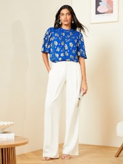 Love & Roses Cobalt Blue Metallic High Neck Flutter Sleeves Top - Image 4 of 4