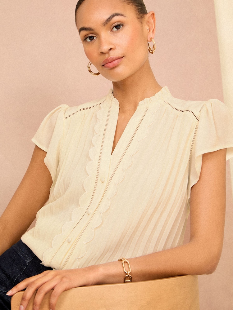 Love & Roses Ivory White Scallop Detail Flutter Sleeve Pleated Top - Image 1 of 4