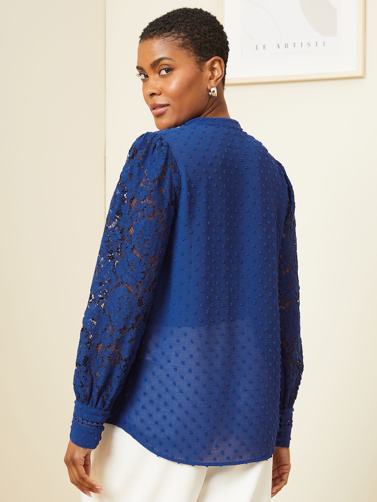 Love & Roses Cobalt Blue Lace Long Sleeve Button Front V Neck Blouse - Image 3 of 4
