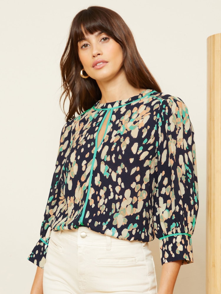 Love & Roses Navy Blue Printed Tipped 3/4 Sleeve Keyhole Blouse - Image 1 of 4