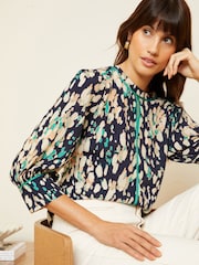 Love & Roses Navy Blue Printed Tipped 3/4 Sleeve Keyhole Blouse - Image 2 of 4