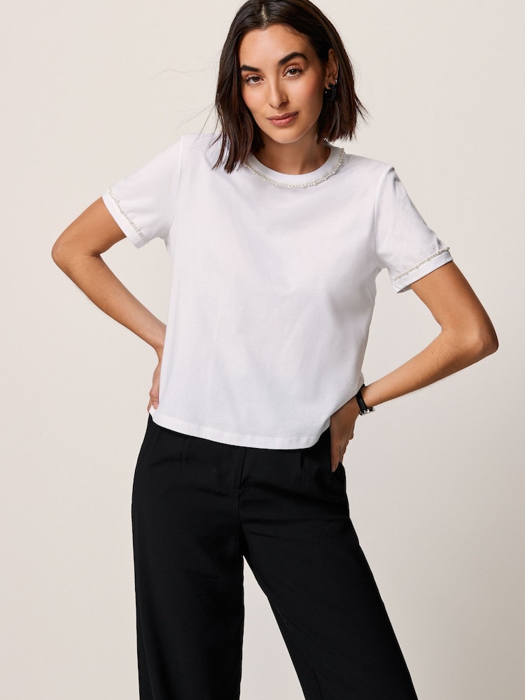 White Pearl Trim Short Sleeve T-Shirt - Image 1 of 7