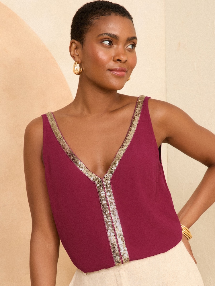 Love & Roses Purple Trim Detail V Neck Vest Top - Image 1 of 4