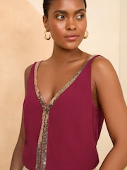 Love & Roses Purple Trim Detail V Neck Vest Top - Image 2 of 4