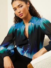 Love & Roses Blue Ombre Printed V Neck Puff Sleeve Blouse - Image 4 of 4