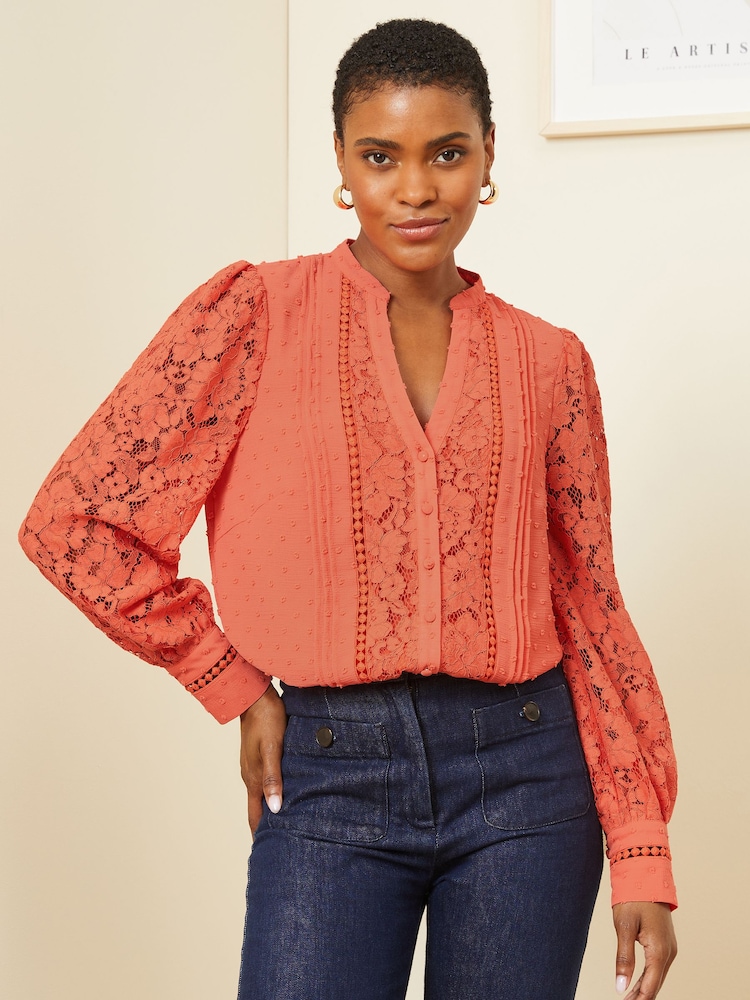 Love & Roses Coral Orange Lace Long Sleeve Button Front V Neck Blouse - Image 1 of 4 Love & Roses Coral Orange Lace Long Sleeve Button Front V Neck Blouse - Image 1 of 4