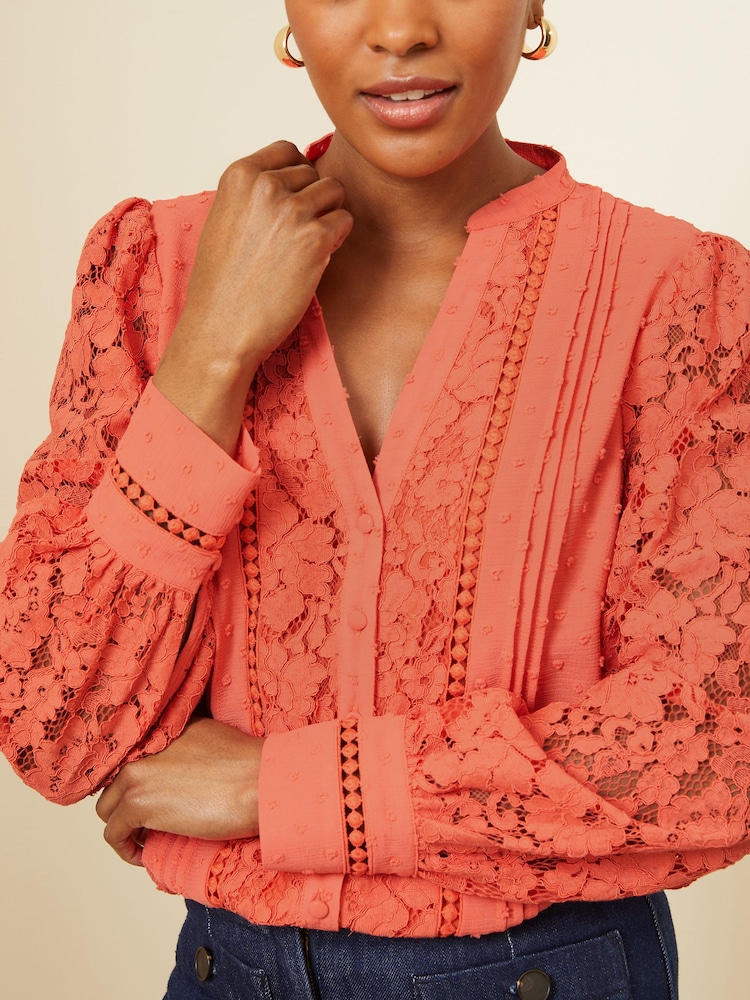 Love & Roses Coral Orange Lace Long Sleeve Button Front V Neck Blouse - Image 2 of 4 Love & Roses Coral Orange Lace Long Sleeve Button Front V Neck Blouse - Image 2 of 4