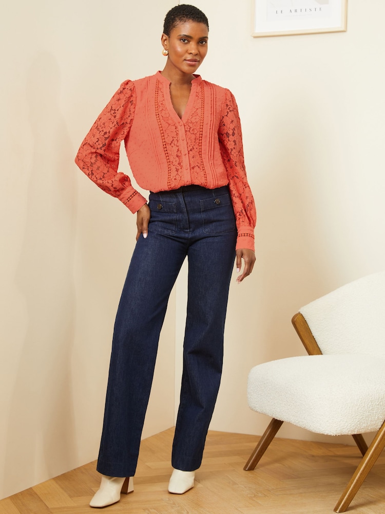 Love & Roses Coral Orange Lace Long Sleeve Button Front V Neck Blouse - Image 4 of 4 Love & Roses Coral Orange Lace Long Sleeve Button Front V Neck Blouse - Image 4 of 4