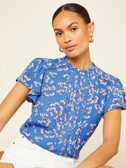 Love & Roses Blue Floral Crew Neck Flutter Sleeve Blouse - Image 1 of 4