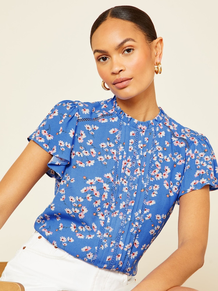 Love & Roses Blue Floral Crew Neck Flutter Sleeve Blouse - Image 1 of 4