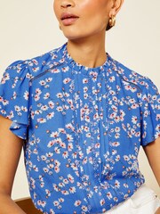 Love & Roses Blue Floral Crew Neck Flutter Sleeve Blouse - Image 2 of 4