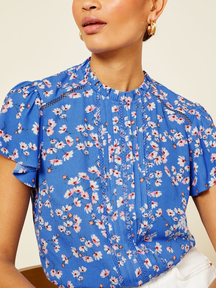 Love & Roses Blue Floral Crew Neck Flutter Sleeve Blouse - Image 2 of 4