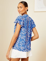 Love & Roses Blue Floral Crew Neck Flutter Sleeve Blouse - Image 3 of 4