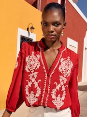 Love & Roses Red Embroidery Embroidered V Neck 3/4 Sleeve Blouse - Image 1 of 4