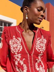 Love & Roses Red Embroidery Embroidered V Neck 3/4 Sleeve Blouse - Image 2 of 4