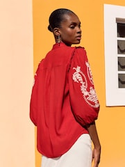 Love & Roses Red Embroidery Embroidered V Neck 3/4 Sleeve Blouse - Image 3 of 4