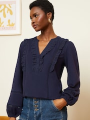 Love & Roses Navy Blue Broderie Trim Lace insert V Neck Jersey Top - Image 1 of 4