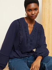 Love & Roses Navy Blue Broderie Trim Lace insert V Neck Jersey Top - Image 2 of 4