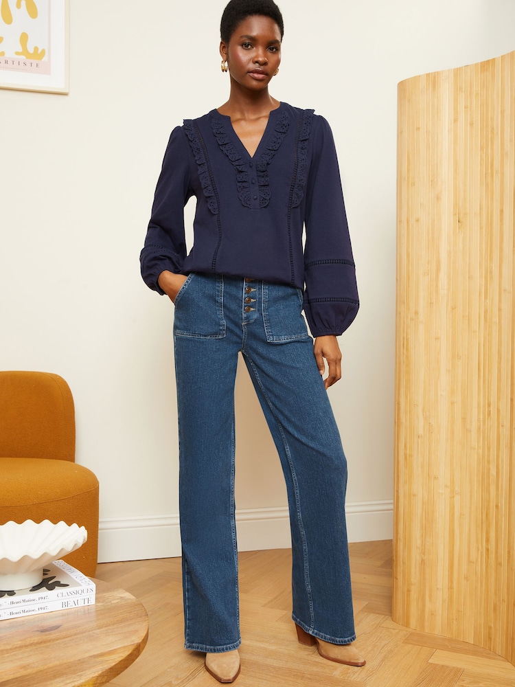Love & Roses Navy Blue Broderie Trim Lace insert V Neck Jersey Top - Image 4 of 4