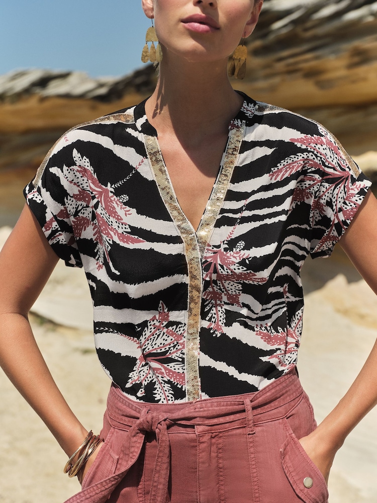 Love & Roses Black/White Sequin V Neck Roll Sleeve Blouse - Image 2 of 4 Love & Roses Black/White Sequin V Neck Roll Sleeve Blouse - Image 2 of 4