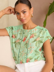 Love & Roses Green Tropical Woven Lace Shoulder T-Shirt - Image 1 of 4